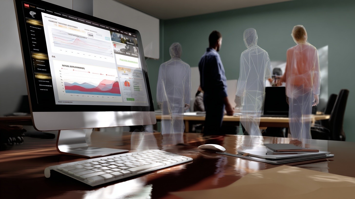 A computer monitor displaying a graph . The monitor is placed on a desk, and there are three people standing in the background.