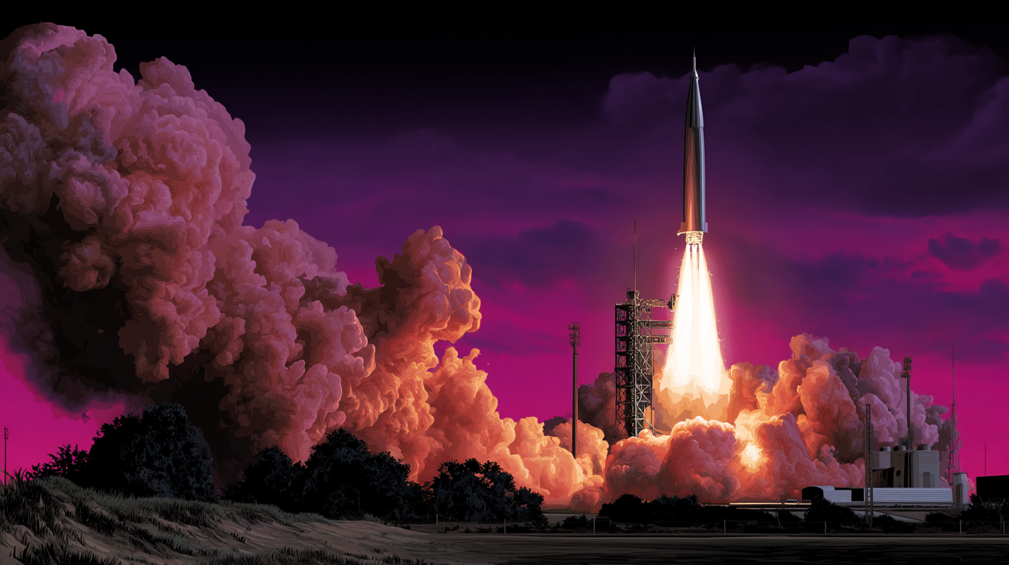A rocket launching into the sky, with a purple background and a space shuttle in the foreground.